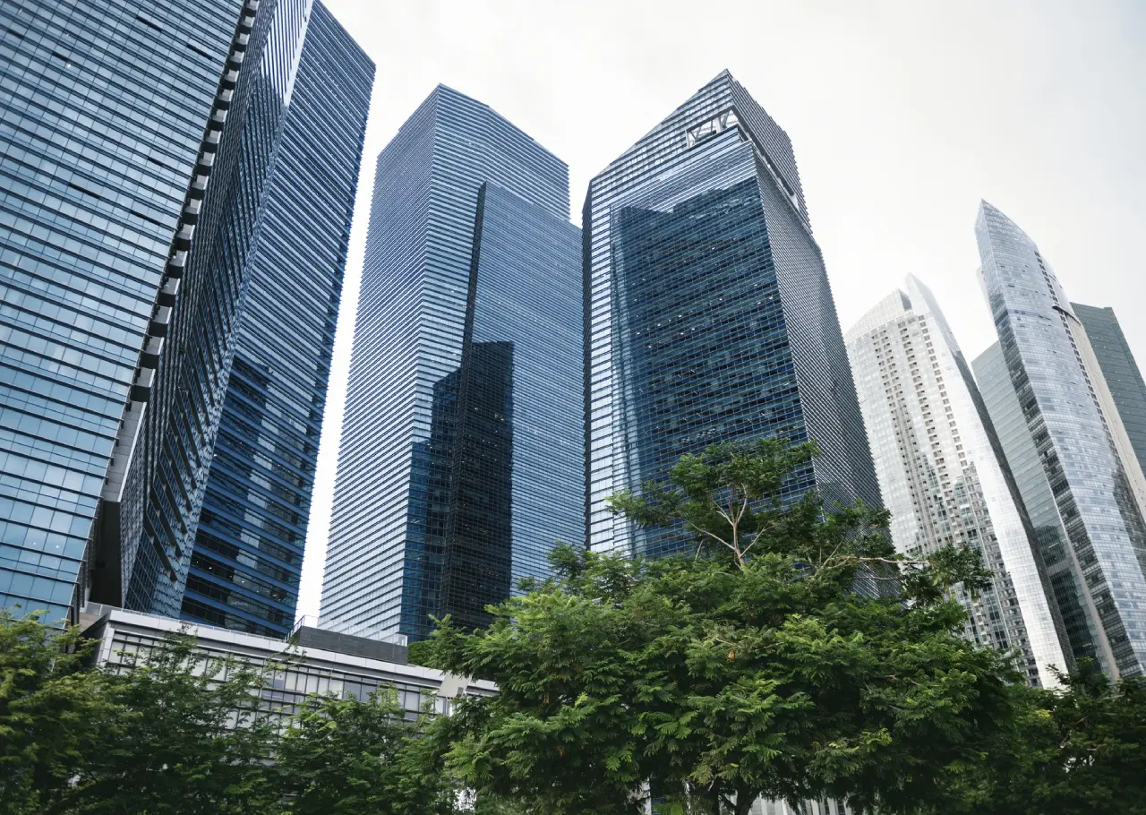 Expert Realtors showcase tall modern skyscrapers with glass facades rising elegantly above green trees under a clear sky.
