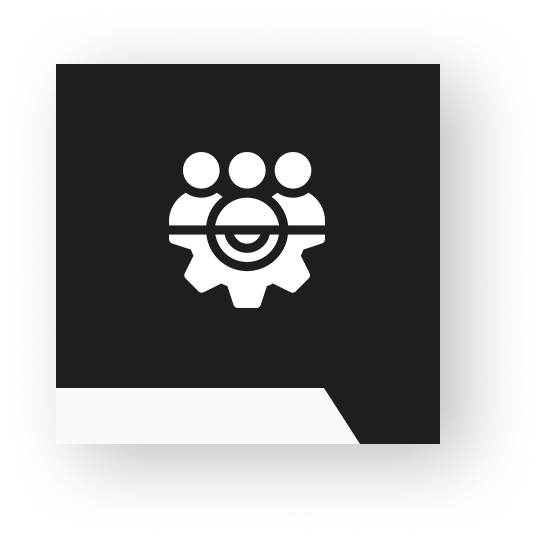 Icon showing three people above a gear, symbolizing teamwork or collaboration. The design is minimalist with a black and white color scheme.