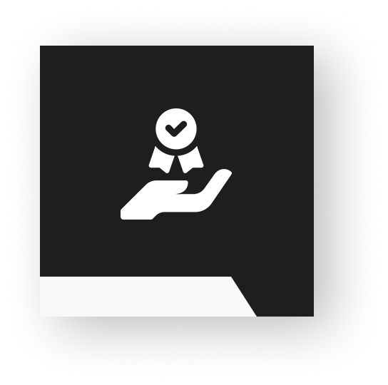 A white icon on a black square shows a hand holding a ribbon with a checkmark.