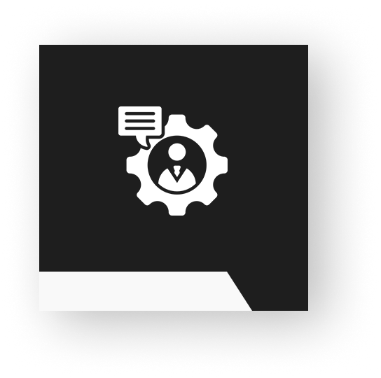 Icon depicting a person within a gear, with a speech bubble on the left, against a dark background.