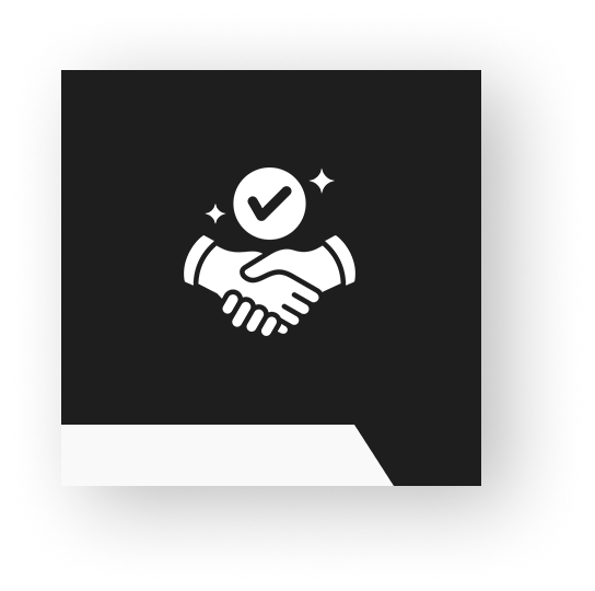 Icon of two hands shaking with a checkmark above them on a black background.